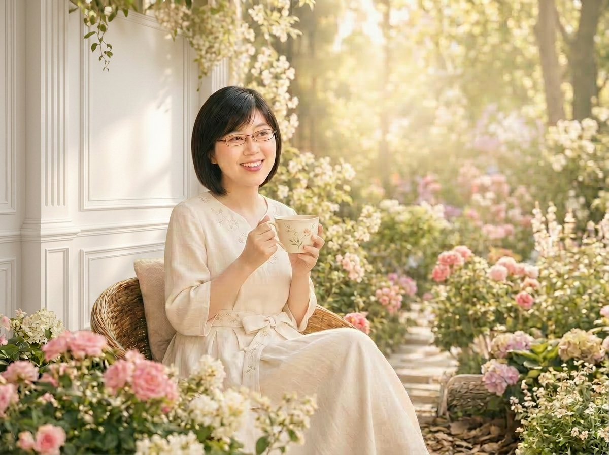 一位熟齡女性手捧茶杯,在窗邊安靜享受陽光