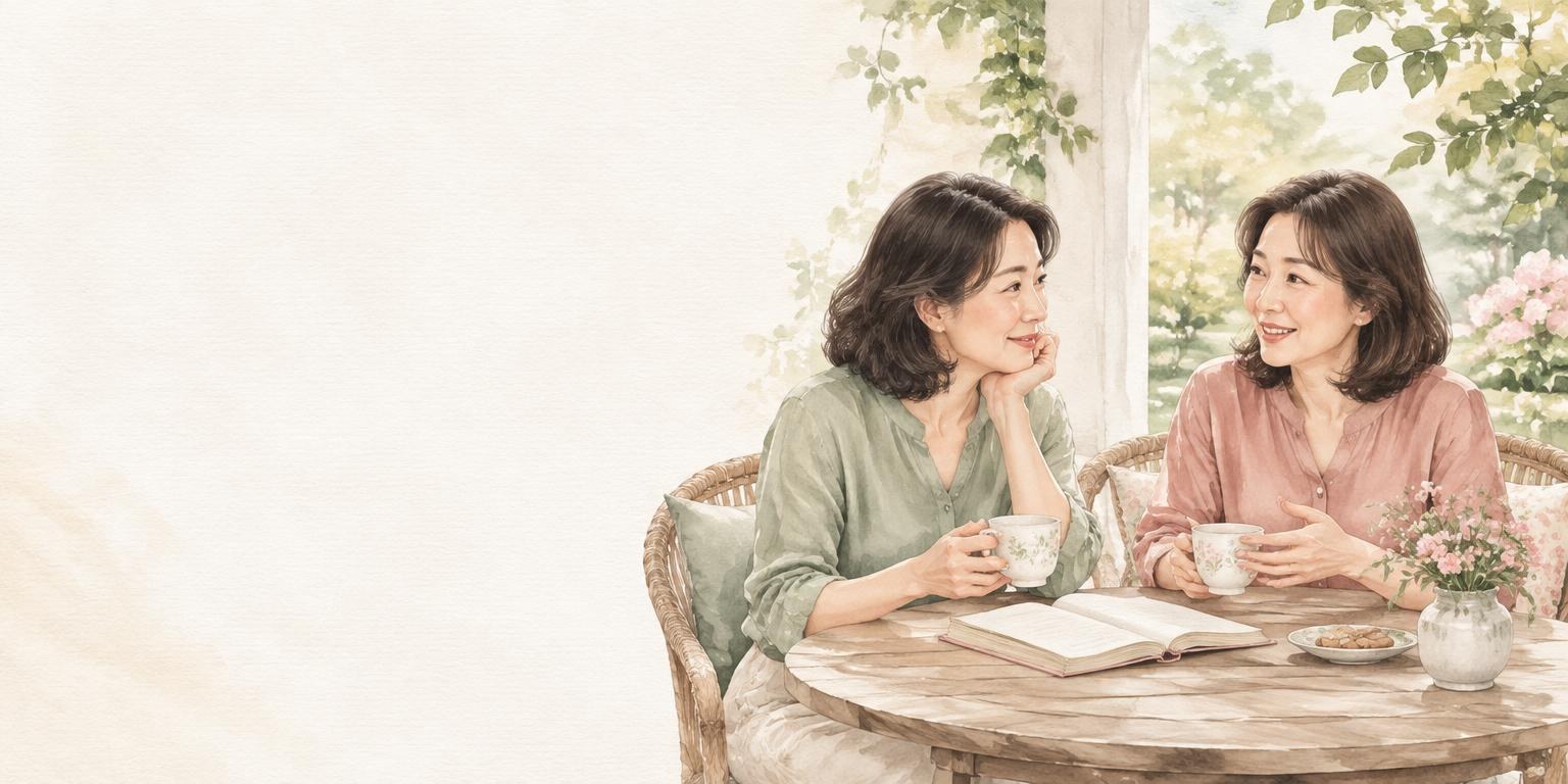 兩位熟齡女性在花園裡喝茶，溫柔地傾聽彼此